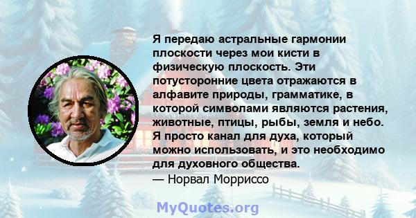 Я передаю астральные гармонии плоскости через мои кисти в физическую плоскость. Эти потусторонние цвета отражаются в алфавите природы, грамматике, в которой символами являются растения, животные, птицы, рыбы, земля и