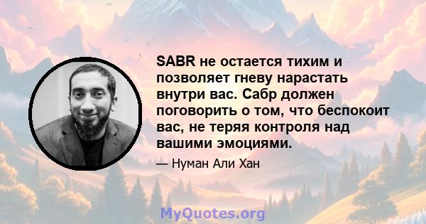 SABR не остается тихим и позволяет гневу нарастать внутри вас. Сабр должен поговорить о том, что беспокоит вас, не теряя контроля над вашими эмоциями.