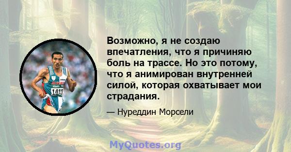 Возможно, я не создаю впечатления, что я причиняю боль на трассе. Но это потому, что я анимирован внутренней силой, которая охватывает мои страдания.