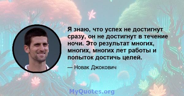 Я знаю, что успех не достигнут сразу, он не достигнут в течение ночи. Это результат многих, многих, многих лет работы и попыток достичь целей.