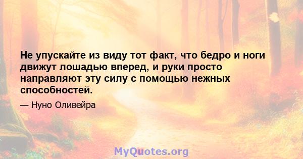 Не упускайте из виду тот факт, что бедро и ноги движут лошадью вперед, и руки просто направляют эту силу с помощью нежных способностей.