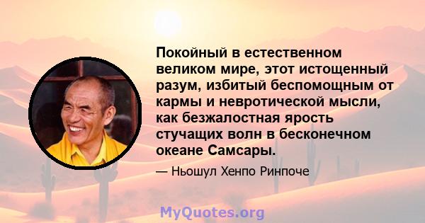 Покойный в естественном великом мире, этот истощенный разум, избитый беспомощным от кармы и невротической мысли, как безжалостная ярость стучащих волн в бесконечном океане Самсары.