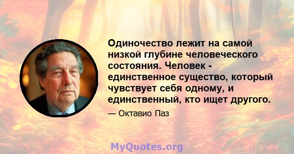 Одиночество лежит на самой низкой глубине человеческого состояния. Человек - единственное существо, который чувствует себя одному, и единственный, кто ищет другого.