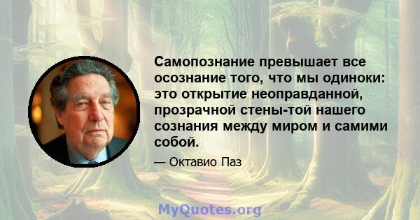 Самопознание превышает все осознание того, что мы одиноки: это открытие неоправданной, прозрачной стены-той нашего сознания между миром и самими собой.