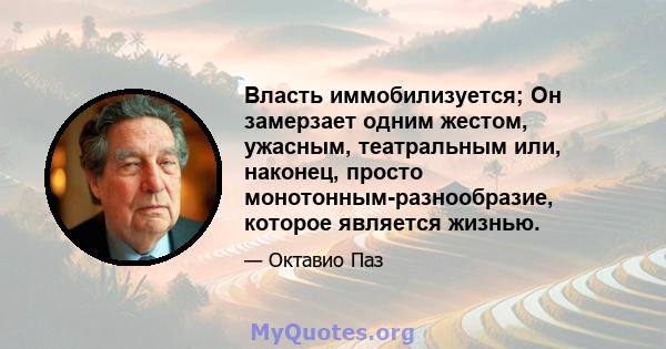 Власть иммобилизуется; Он замерзает одним жестом, ужасным, театральным или, наконец, просто монотонным-разнообразие, которое является жизнью.