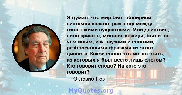 Я думал, что мир был обширной системой знаков, разговор между гигантскими существами. Мои действия, пила крикета, мигание звезды, были не чем иным, как паузами и слогами, разбросанными фразами из этого диалога. Какое