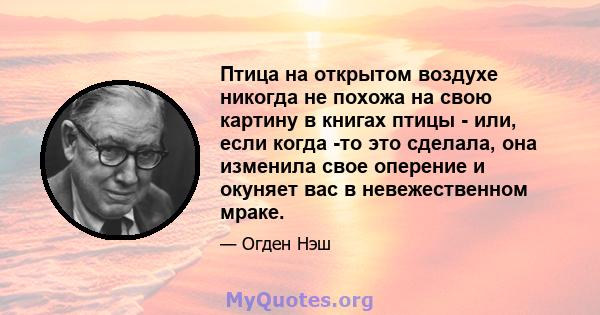 Птица на открытом воздухе никогда не похожа на свою картину в книгах птицы - или, если когда -то это сделала, она изменила свое оперение и окуняет вас в невежественном мраке.