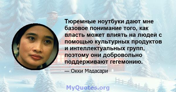 Тюремные ноутбуки дают мне базовое понимание того, как власть может влиять на людей с помощью культурных продуктов и интеллектуальных групп, поэтому они добровольно поддерживают гегемонию.