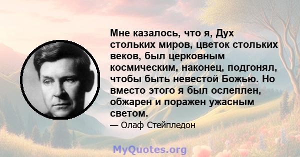 Мне казалось, что я, Дух стольких миров, цветок стольких веков, был церковным космическим, наконец, подгонял, чтобы быть невестой Божью. Но вместо этого я был ослеплен, обжарен и поражен ужасным светом.