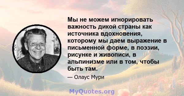 Мы не можем игнорировать важность дикой страны как источника вдохновения, которому мы даем выражение в письменной форме, в поэзии, рисунке и живописи, в альпинизме или в том, чтобы быть там.