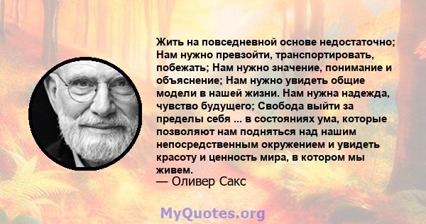 Жить на повседневной основе недостаточно; Нам нужно превзойти, транспортировать, побежать; Нам нужно значение, понимание и объяснение; Нам нужно увидеть общие модели в нашей жизни. Нам нужна надежда, чувство будущего;