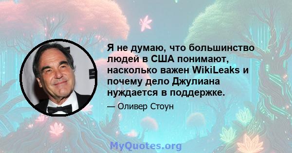 Я не думаю, что большинство людей в США понимают, насколько важен WikiLeaks и почему дело Джулиана нуждается в поддержке.