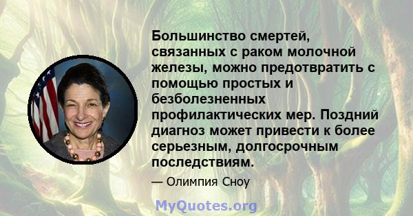 Большинство смертей, связанных с раком молочной железы, можно предотвратить с помощью простых и безболезненных профилактических мер. Поздний диагноз может привести к более серьезным, долгосрочным последствиям.