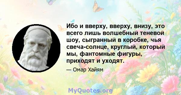 Ибо и вверху, вверху, внизу, это всего лишь волшебный теневой шоу, сыгранный в коробке, чья свеча-солнце, круглый, который мы, фантомные фигуры, приходят и уходят.