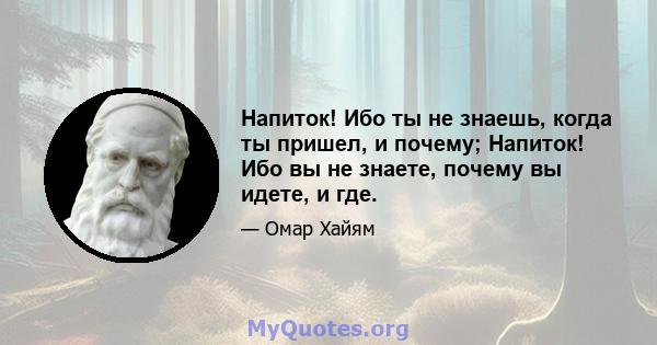 Напиток! Ибо ты не знаешь, когда ты пришел, и почему; Напиток! Ибо вы не знаете, почему вы идете, и где.