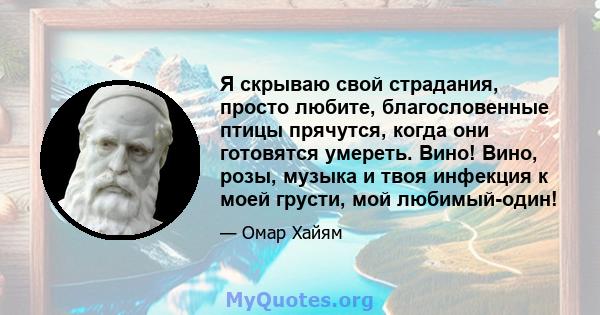 Я скрываю свой страдания, просто любите, благословенные птицы прячутся, когда они готовятся умереть. Вино! Вино, розы, музыка и твоя инфекция к моей грусти, мой любимый-один!