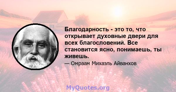 Благодарность - это то, что открывает духовные двери для всех благословений. Все становится ясно, понимаешь, ты живешь.