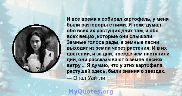 И все время я собирал картофель, у меня были разговоры с ними. Я тоже думал обо всех их растущих днях там, и обо всех вещах, которые они слышали. Земные голоса рады, а земные песни выходят из земли через растения; И в