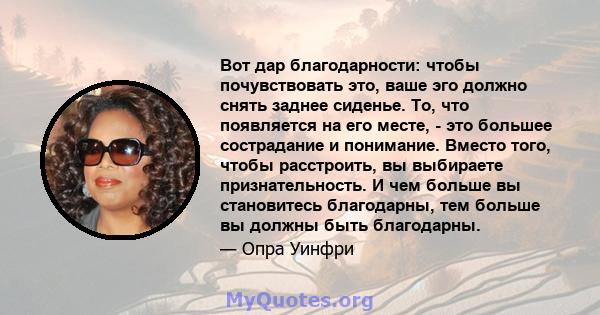 Вот дар благодарности: чтобы почувствовать это, ваше эго должно снять заднее сиденье. То, что появляется на его месте, - это большее сострадание и понимание. Вместо того, чтобы расстроить, вы выбираете признательность.