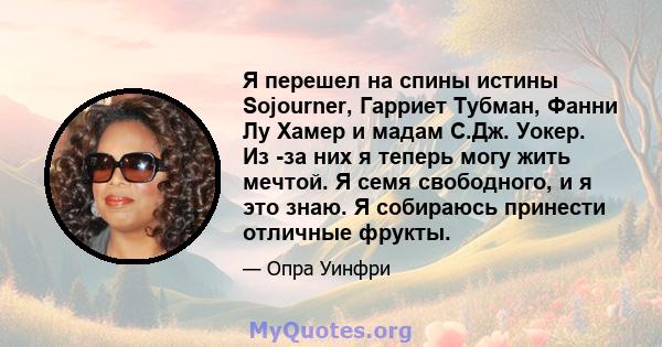 Я перешел на спины истины Sojourner, Гарриет Тубман, Фанни Лу Хамер и мадам С.Дж. Уокер. Из -за них я теперь могу жить мечтой. Я семя свободного, и я это знаю. Я собираюсь принести отличные фрукты.