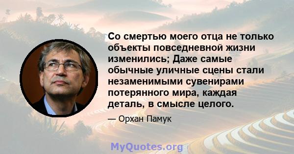 Со смертью моего отца не только объекты повседневной жизни изменились; Даже самые обычные уличные сцены стали незаменимыми сувенирами потерянного мира, каждая деталь, в смысле целого.