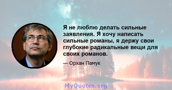 Я не люблю делать сильные заявления. Я хочу написать сильные романы, я держу свои глубокие радикальные вещи для своих романов.