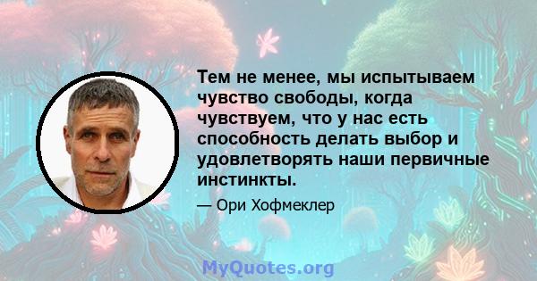 Тем не менее, мы испытываем чувство свободы, когда чувствуем, что у нас есть способность делать выбор и удовлетворять наши первичные инстинкты.