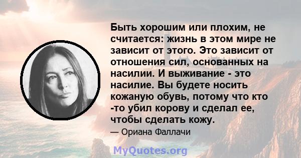 Быть хорошим или плохим, не считается: жизнь в этом мире не зависит от этого. Это зависит от отношения сил, основанных на насилии. И выживание - это насилие. Вы будете носить кожаную обувь, потому что кто -то убил