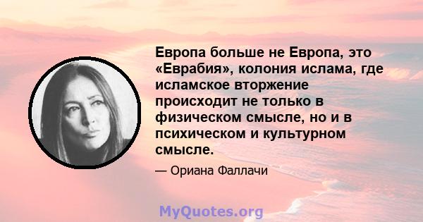 Европа больше не Европа, это «Еврабия», колония ислама, где исламское вторжение происходит не только в физическом смысле, но и в психическом и культурном смысле.