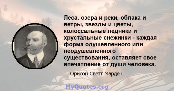 Леса, озера и реки, облака и ветры, звезды и цветы, колоссальные ледники и хрустальные снежинки - каждая форма одушевленного или неодушевленного существования, оставляет свое впечатление от души человека.