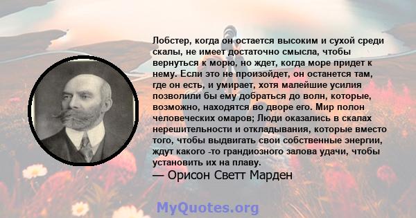 Лобстер, когда он остается высоким и сухой среди скалы, не имеет достаточно смысла, чтобы вернуться к морю, но ждет, когда море придет к нему. Если это не произойдет, он останется там, где он есть, и умирает, хотя