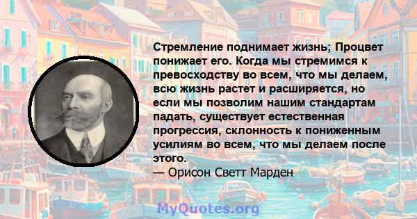 Стремление поднимает жизнь; Процвет понижает его. Когда мы стремимся к превосходству во всем, что мы делаем, всю жизнь растет и расширяется, но если мы позволим нашим стандартам падать, существует естественная