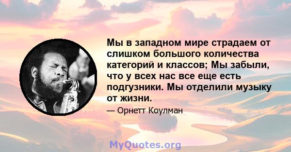 Мы в западном мире страдаем от слишком большого количества категорий и классов; Мы забыли, что у всех нас все еще есть подгузники. Мы отделили музыку от жизни.