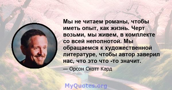 Мы не читаем романы, чтобы иметь опыт, как жизнь. Черт возьми, мы живем, в комплекте со всей неполнотой. Мы обращаемся к художественной литературе, чтобы автор заверил нас, что это что -то значит.