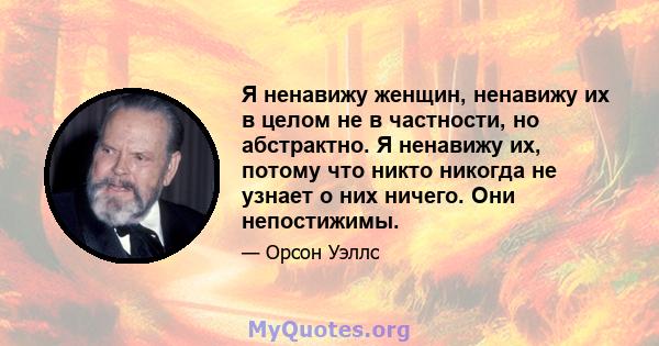 Я ненавижу женщин, ненавижу их в целом не в частности, но абстрактно. Я ненавижу их, потому что никто никогда не узнает о них ничего. Они непостижимы.