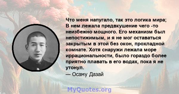 Что меня напугало, так это логика мира; В нем лежала предвкушение чего -то неизбежно мощного. Его механизм был непостижимым, и я не мог оставаться закрытым в этой без окон, прохладной комнате. Хотя снаружи лежала море