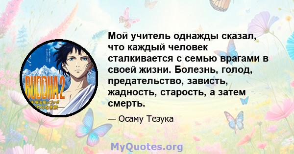 Мой учитель однажды сказал, что каждый человек сталкивается с семью врагами в своей жизни. Болезнь, голод, предательство, зависть, жадность, старость, а затем смерть.