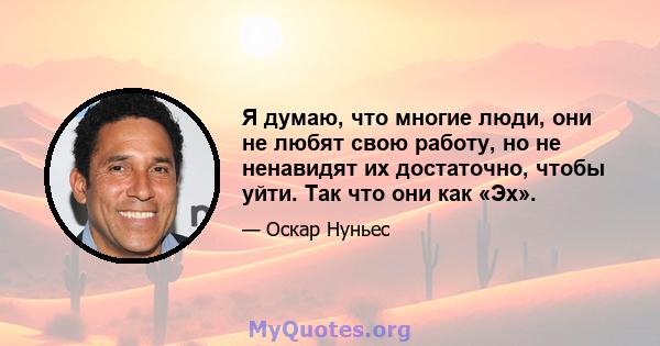 Я думаю, что многие люди, они не любят свою работу, но не ненавидят их достаточно, чтобы уйти. Так что они как «Эх».