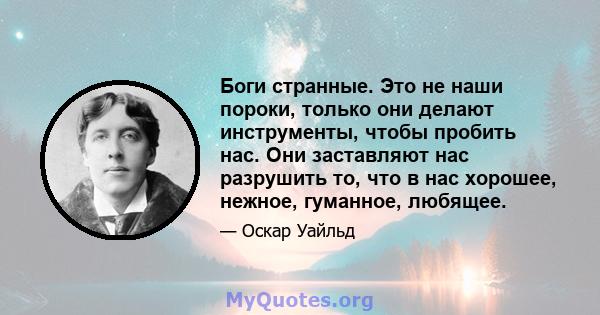 Боги странные. Это не наши пороки, только они делают инструменты, чтобы пробить нас. Они заставляют нас разрушить то, что в нас хорошее, нежное, гуманное, любящее.