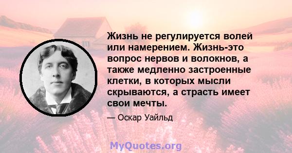 Жизнь не регулируется волей или намерением. Жизнь-это вопрос нервов и волокнов, а также медленно застроенные клетки, в которых мысли скрываются, а страсть имеет свои мечты.