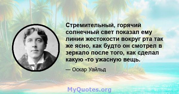 Стремительный, горячий солнечный свет показал ему линии жестокости вокруг рта так же ясно, как будто он смотрел в зеркало после того, как сделал какую -то ужасную вещь.