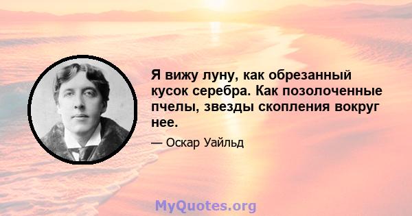 Я вижу луну, как обрезанный кусок серебра. Как позолоченные пчелы, звезды скопления вокруг нее.