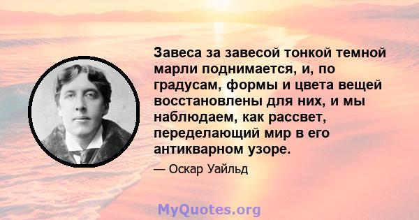 Завеса за завесой тонкой темной марли поднимается, и, по градусам, формы и цвета вещей восстановлены для них, и мы наблюдаем, как рассвет, переделающий мир в его антикварном узоре.