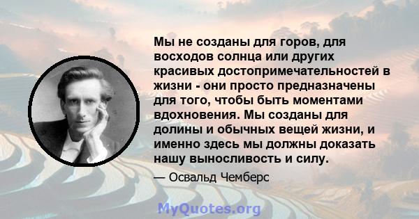 Мы не созданы для горов, для восходов солнца или других красивых достопримечательностей в жизни - они просто предназначены для того, чтобы быть моментами вдохновения. Мы созданы для долины и обычных вещей жизни, и