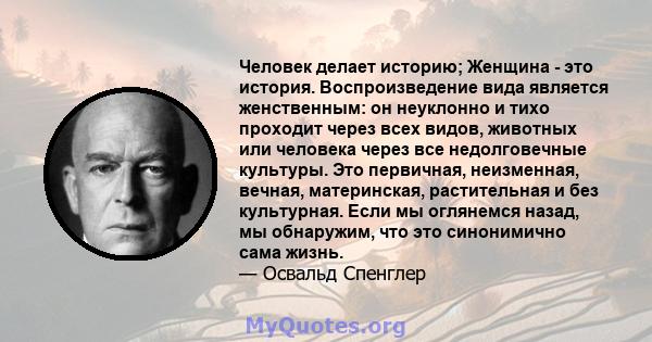 Человек делает историю; Женщина - это история. Воспроизведение вида является женственным: он неуклонно и тихо проходит через всех видов, животных или человека через все недолговечные культуры. Это первичная, неизменная, 