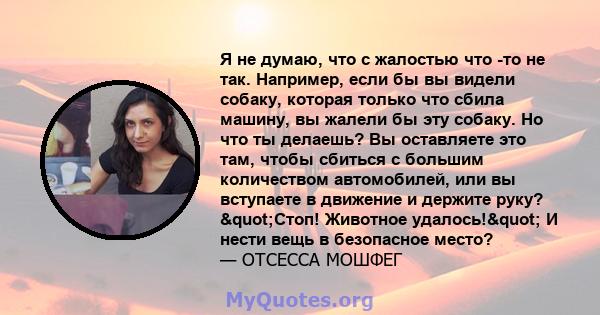 Я не думаю, что с жалостью что -то не так. Например, если бы вы видели собаку, которая только что сбила машину, вы жалели бы эту собаку. Но что ты делаешь? Вы оставляете это там, чтобы сбиться с большим количеством