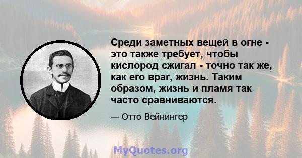 Среди заметных вещей в огне - это также требует, чтобы кислород сжигал - точно так же, как его враг, жизнь. Таким образом, жизнь и пламя так часто сравниваются.