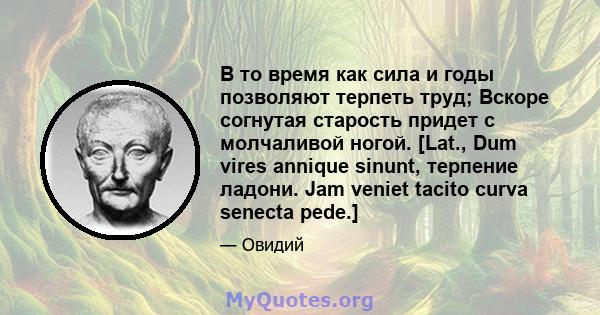 В то время как сила и годы позволяют терпеть труд; Вскоре согнутая старость придет с молчаливой ногой. [Lat., Dum vires annique sinunt, терпение ладони. Jam veniet tacito curva senecta pede.]