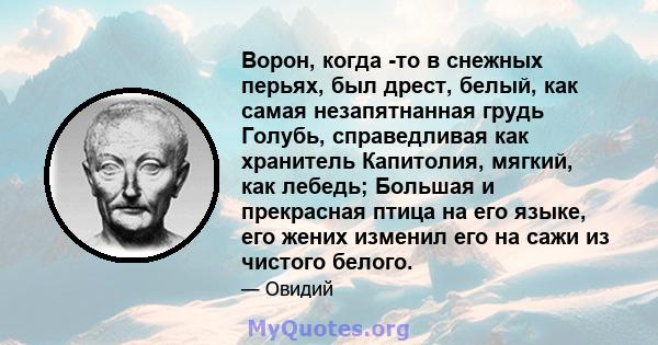 Ворон, когда -то в снежных перьях, был дрест, белый, как самая незапятнанная грудь Голубь, справедливая как хранитель Капитолия, мягкий, как лебедь; Большая и прекрасная птица на его языке, его жених изменил его на сажи 