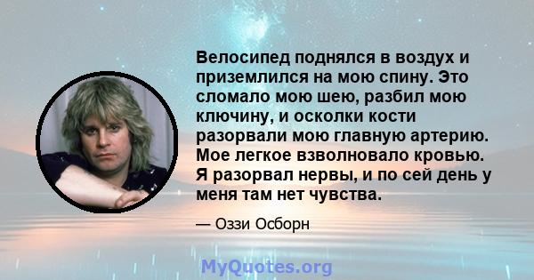 Велосипед поднялся в воздух и приземлился на мою спину. Это сломало мою шею, разбил мою ключину, и осколки кости разорвали мою главную артерию. Мое легкое взволновало кровью. Я разорвал нервы, и по сей день у меня там